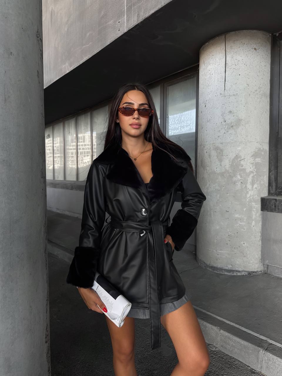 Fur Sleeve Leather Jacket - Black X Black