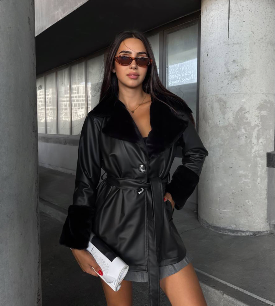 Fur Sleeve Leather Jacket - Black X Black