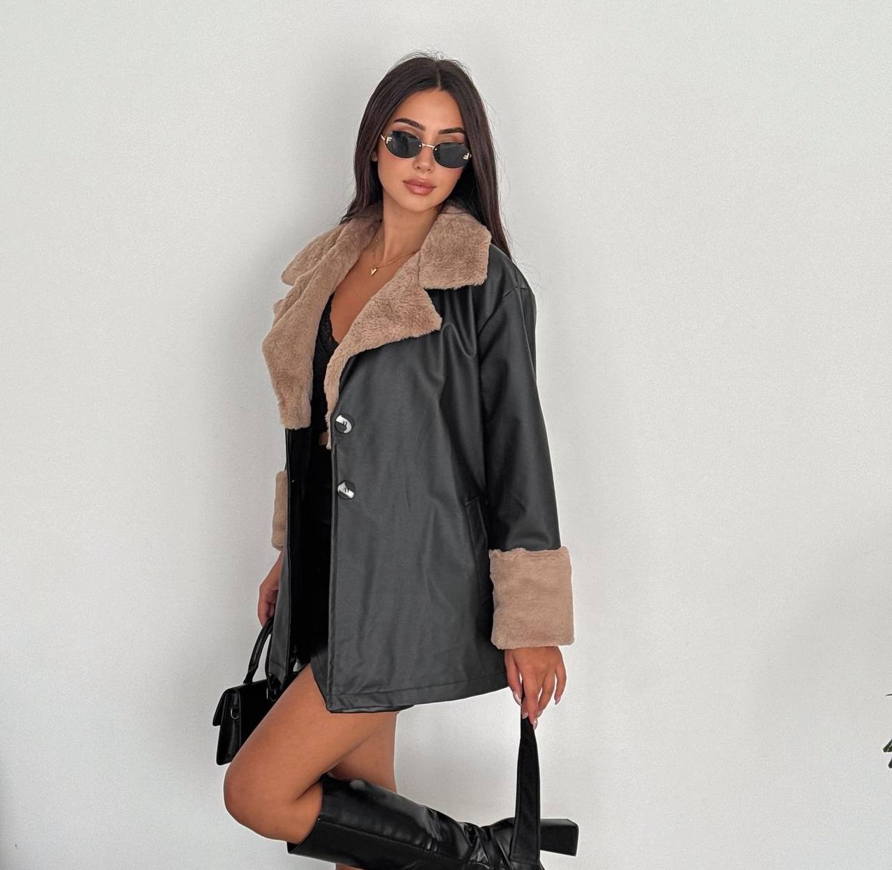 Fur Sleeve Leather Jacket - BLACK X CAMEL