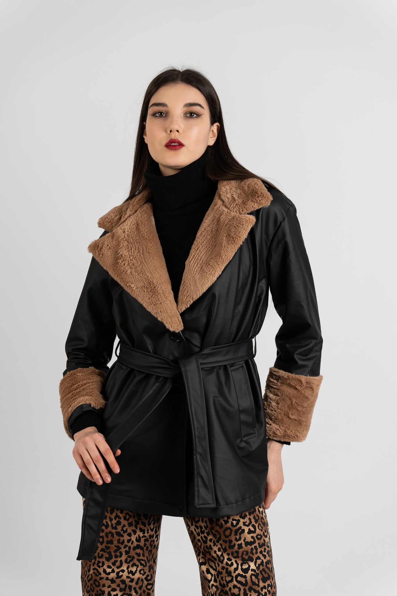 Fur Sleeve Leather Jacket - BLACK X CAMEL