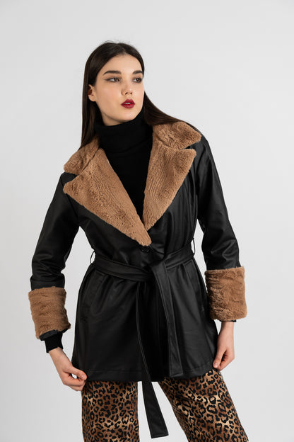 Fur Sleeve Leather Jacket - BLACK X CAMEL