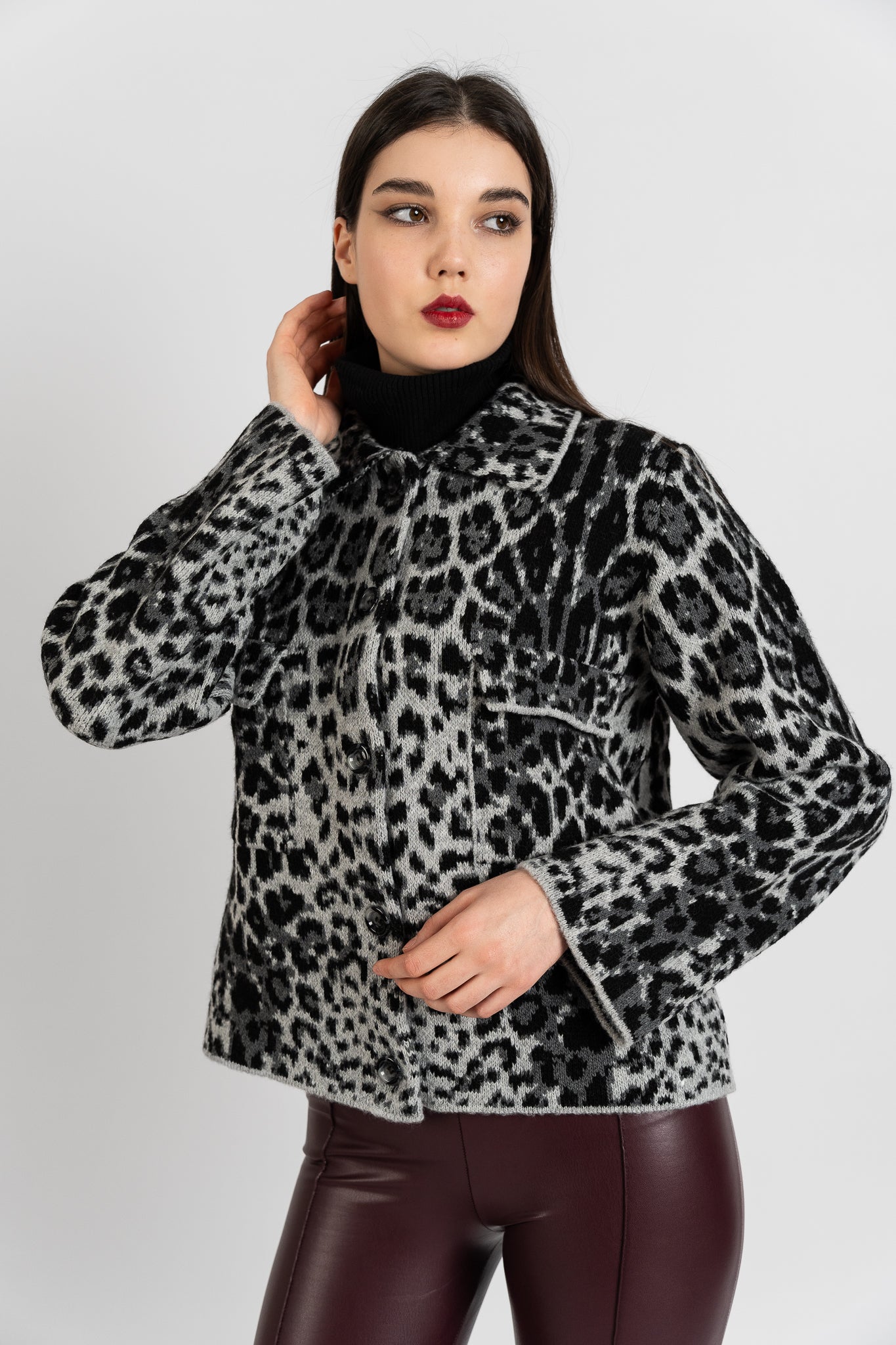 Leopard Short Cardigan - Grey