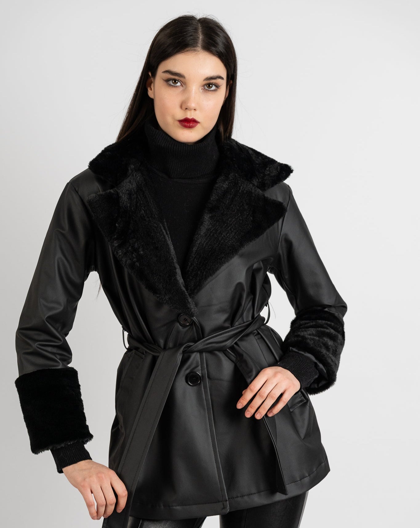 Fur Sleeve Leather Jacket - Black X Black